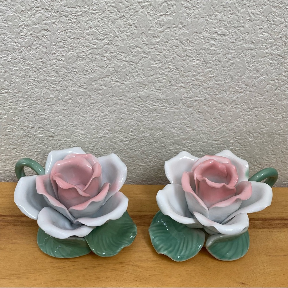 Pair of Ceramic Rose Flower Candle Holders